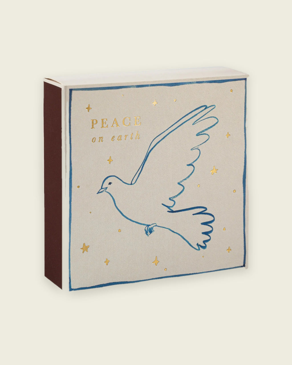 Archivist Peace on Earth matchbox, closed, shown at an angle