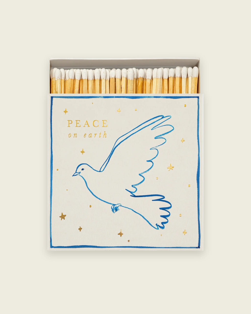 Archivist Peace on Earth matchbox, blue dove and gold stars, open to show the matches