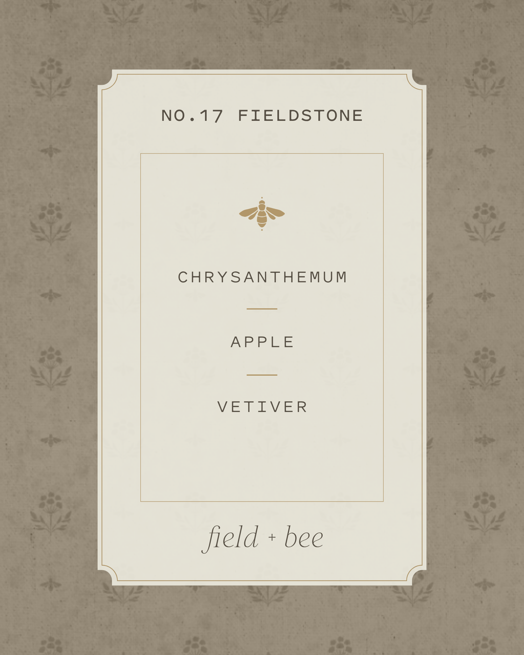 Field + Bee No. 17 Fieldstone scent card: Chrysanthemum, Apple, Vetiver