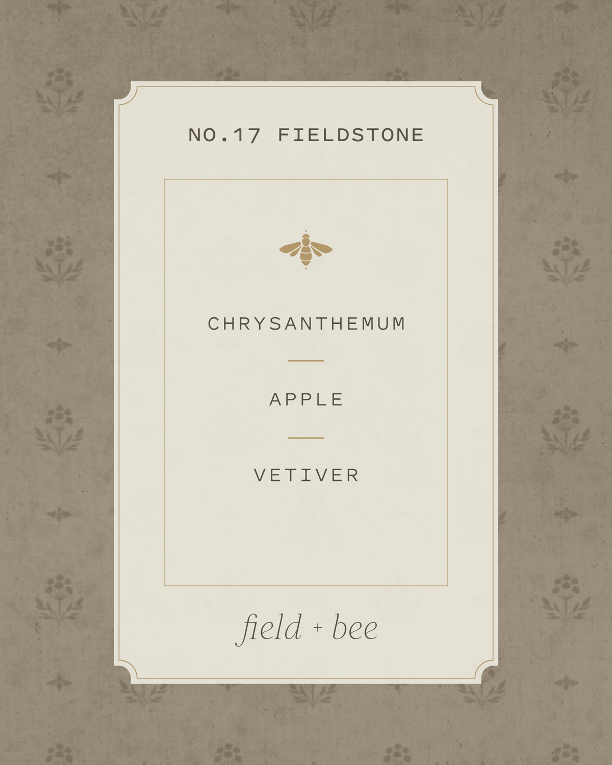 Field + Bee No. 17 Fieldstone scent card: Chrysanthemum, Apple, Vetiver