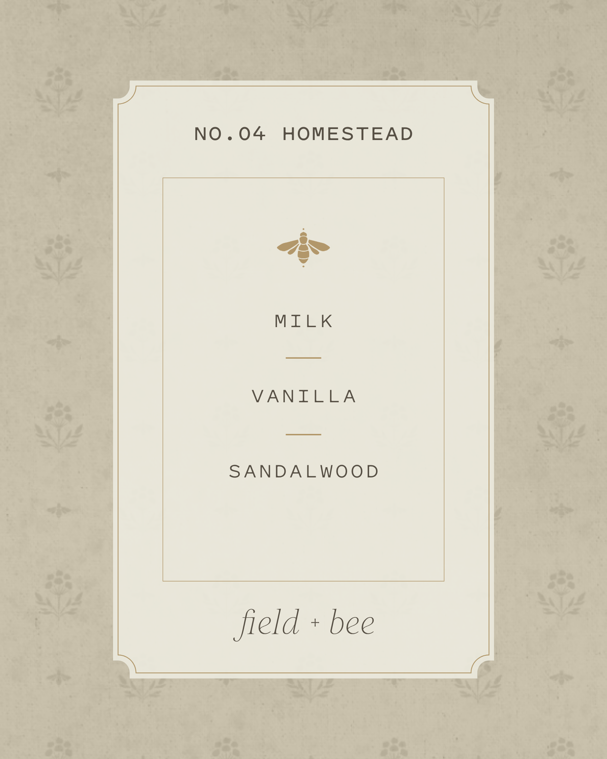 Field + Bee No. 04 Homestead scent card: Milk, Vanilla, Sandalwood